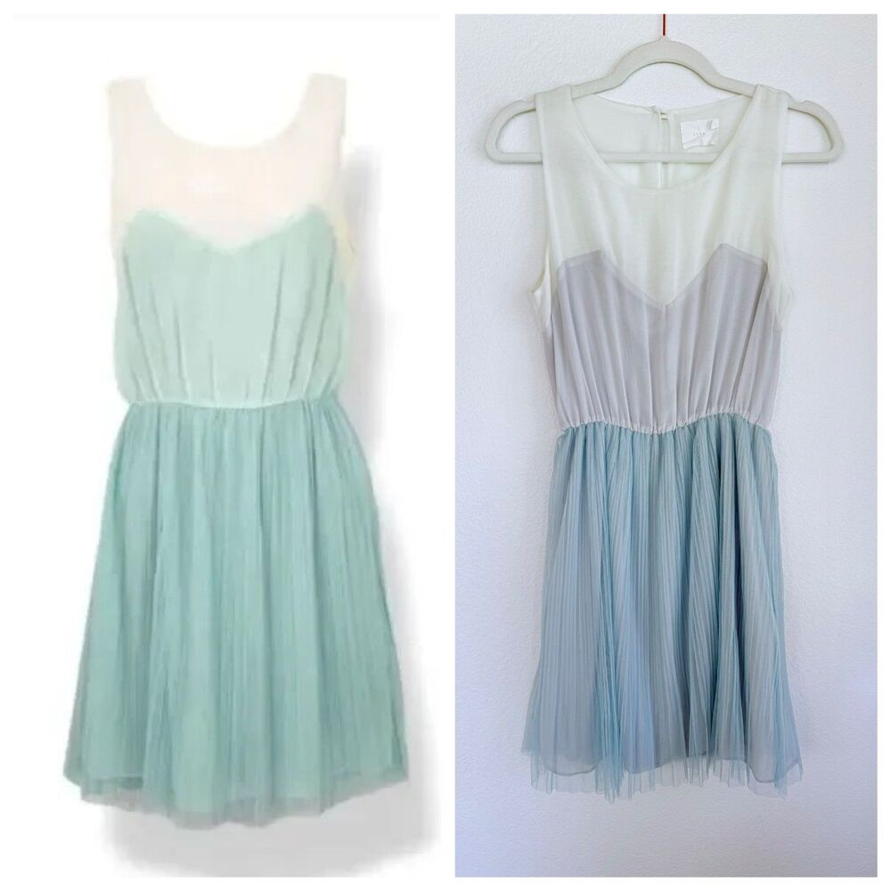 LUSH Pleated Tulle Illusion Neckline Ballerina Dress in Aqua & Cream Size M
